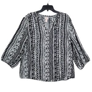 Chicos Blouse Black White Geometric Beaded V Neck 3/4 Sleeve Size 3 or US XL 16